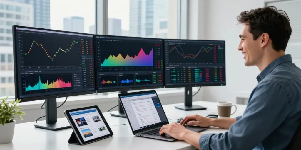 NordenCore.ca trading workspace with Canadian trader analyzing market data and AI recommendations at a modern desk