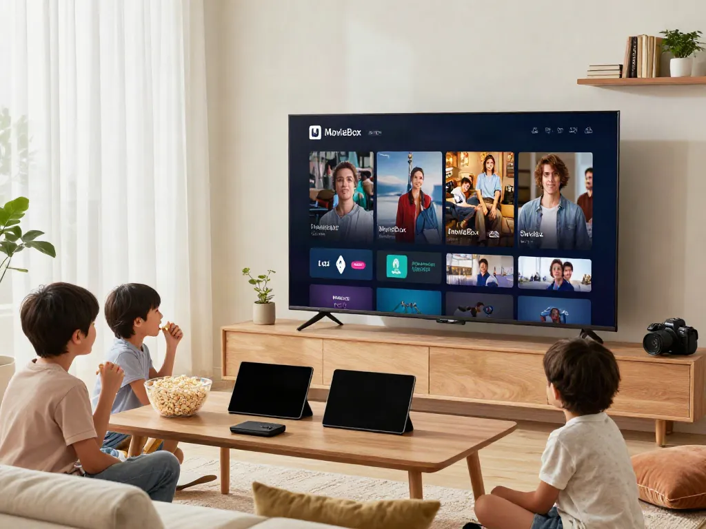 Family enjoying movie box app download on smart TV during cozy movie night.