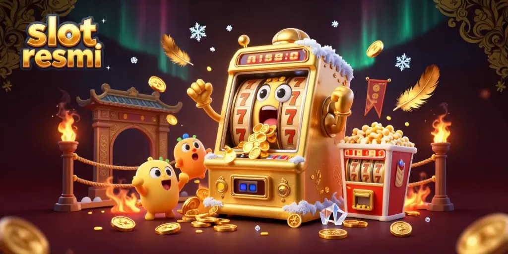 Watch the slot resmi machine celebrate a big jackpot, surrounded by cheerful companions and vibrant gaming elements.