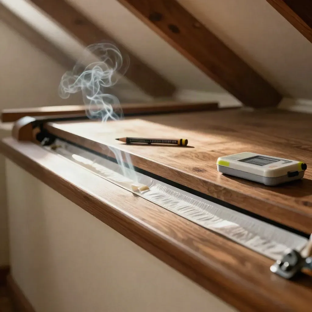 Sealed attic hatch with smoke pencil and thermal leak-check kit on a painted sill.