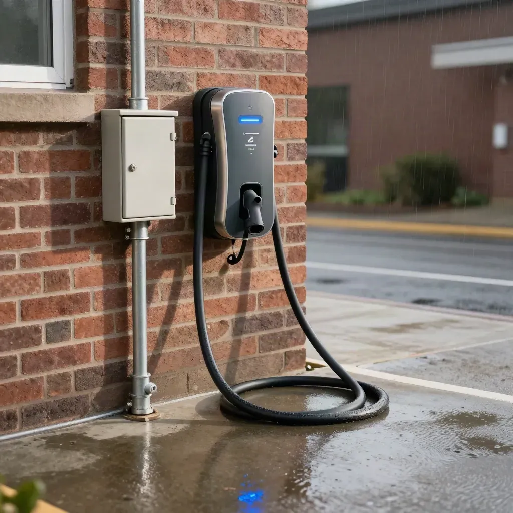 Rain-slick EV charger mounted on brick wall with conduit and blue glow