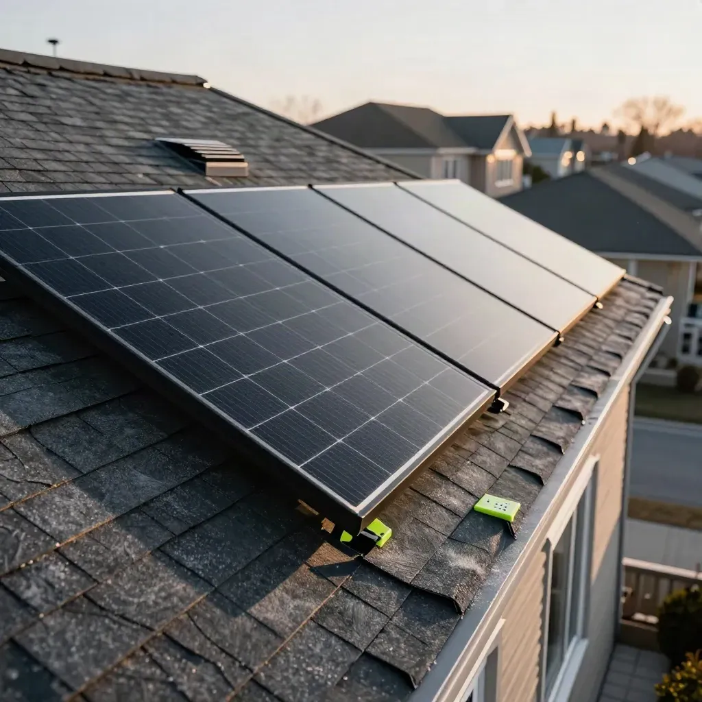 Black solar panels on a suburban Ontario roof with frost vapor and roof vents.