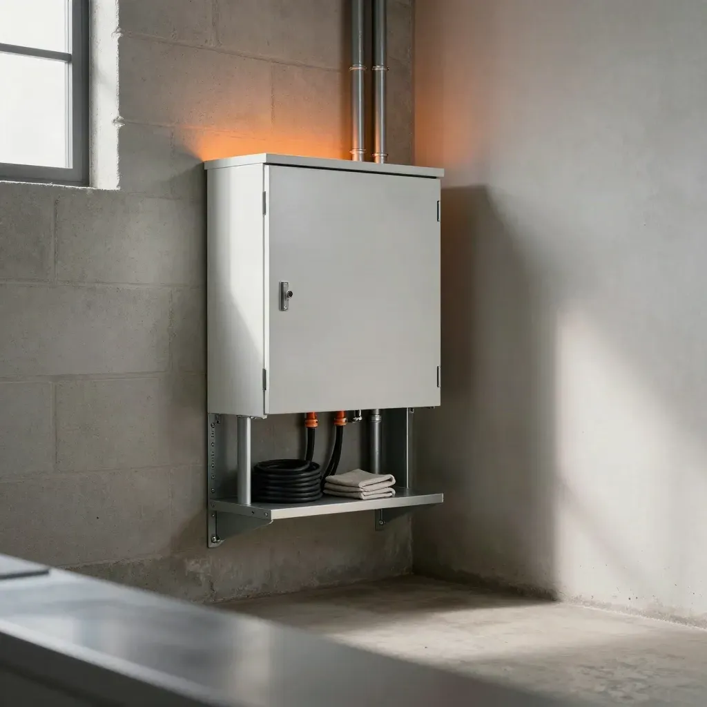Battery cabinet beside breaker panel in a clean basement corner with soft orange glow