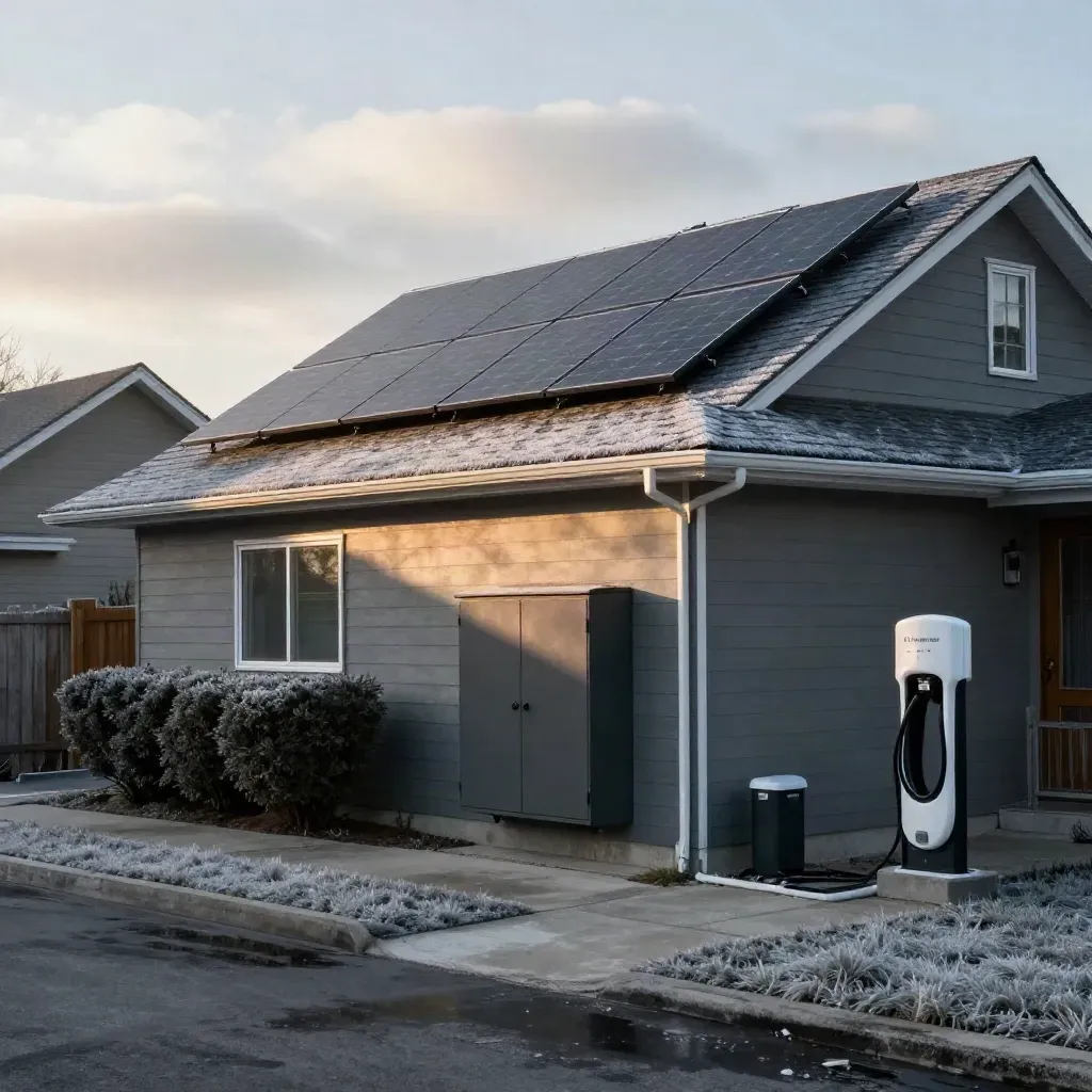 Toronto home with solar panels, battery cabinet and EV charger in cold dawn light.