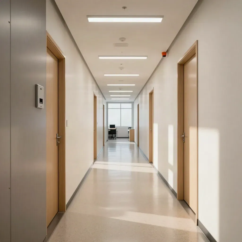 Empty Hamilton office corridor after an energy-efficient lighting upgrade, bright and calm.