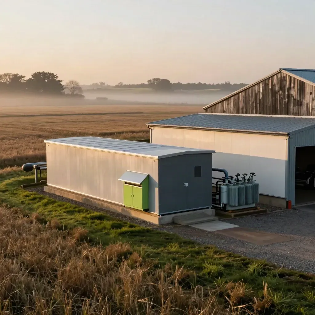 Farm utility area with backup power enclosure, pump access, and cold-storage building at golden hour.