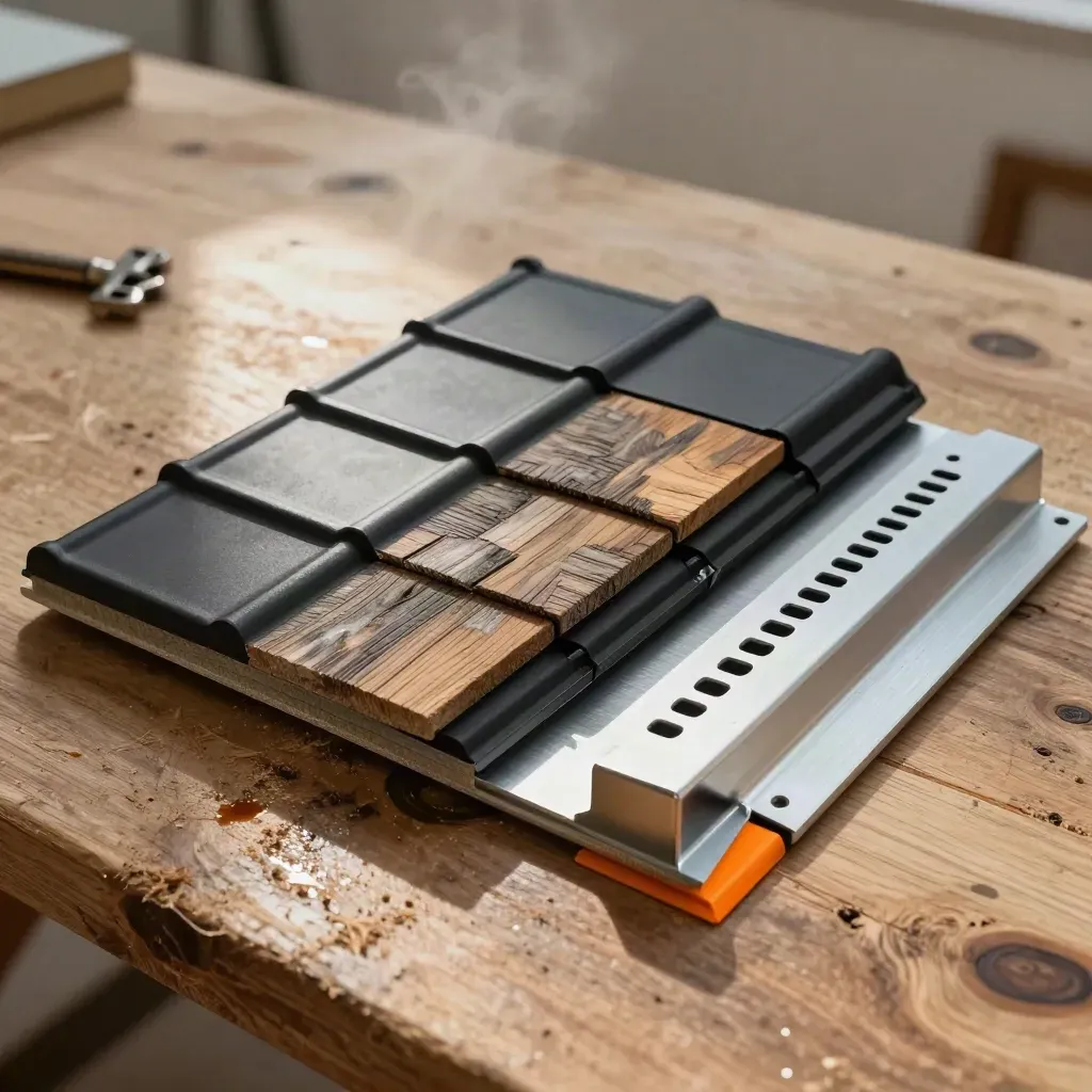 Solar roofing samples on a cedar workbench in dramatic side light