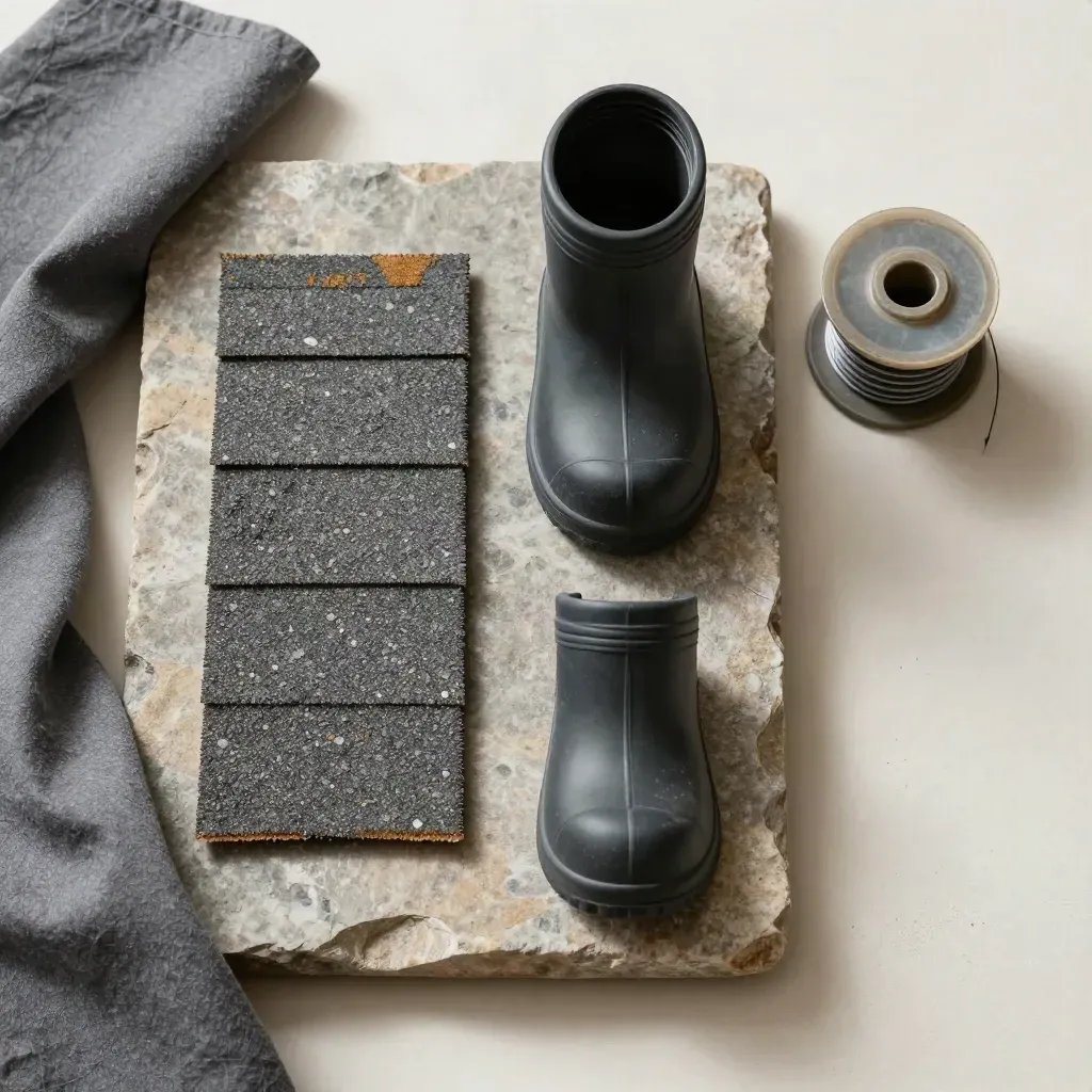 Roof shingle sample, vent boot, and chalk line spool on a stone tray in soft daylight.