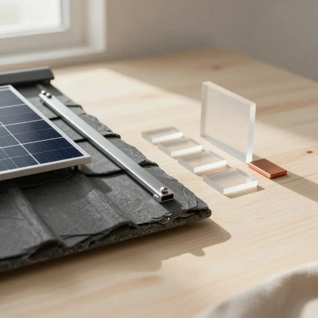 Mini roof solar planning mockup with tile sample, rail clip, and savings blocks on pale wood