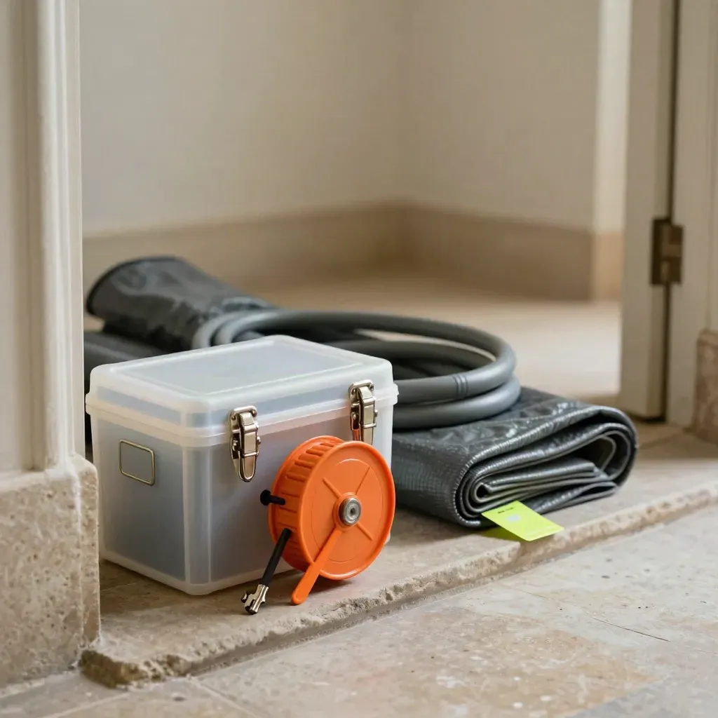 Key box, extension reel, conduit, and tarp staged by a doorway in soft light.
