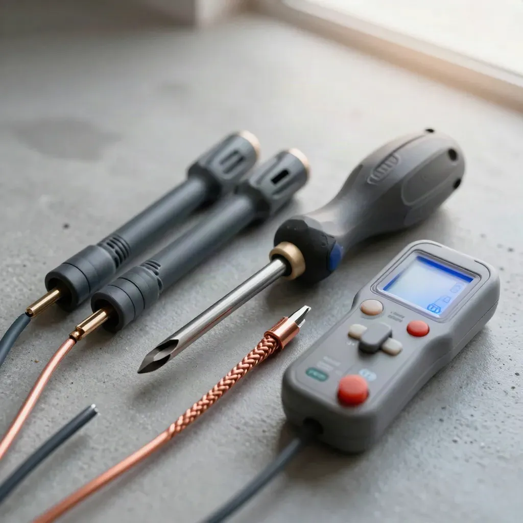 Top-down flatlay of test leads, screwdriver, copper conductor and a glowing continuity tester on concrete.