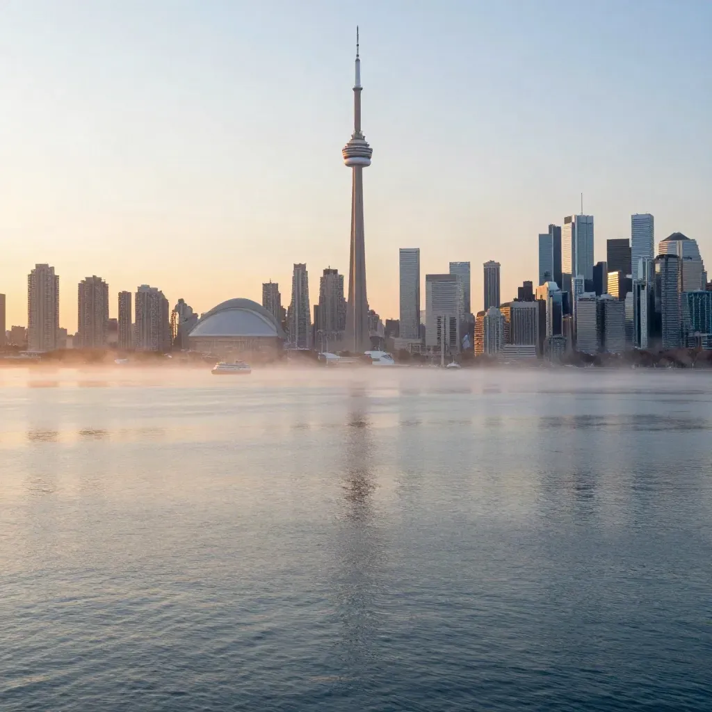 Toronto skyline and CN Tower above calm lake haze at sunrise