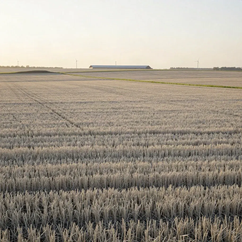 Southwestern Ontario fields, barn line, and distant wind turbines under a hazy bright sky.