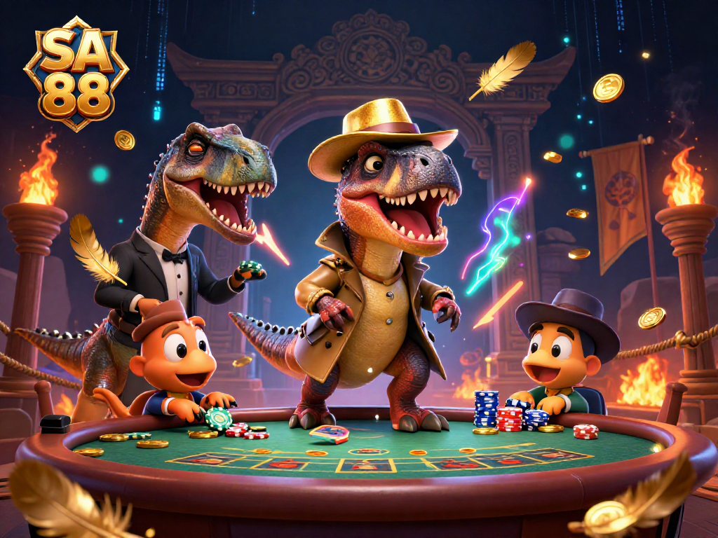 SA 88 lively gambling scene with a velociraptor card counter and a stegosaurus pit boss at the blackjack table.